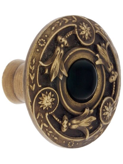 1 1/4 inch Jeweled Lily / Onyx Knobs in Antique Brass.